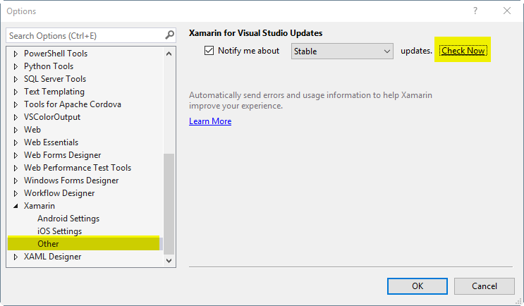 xamarin for visual studio update available