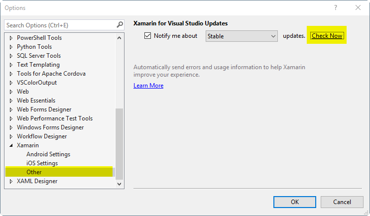 Update Xamarin in Options